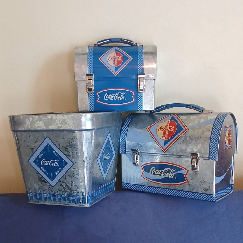 Coca-Cola Silver and Blue Tin Lunch Boxes Trio Set
